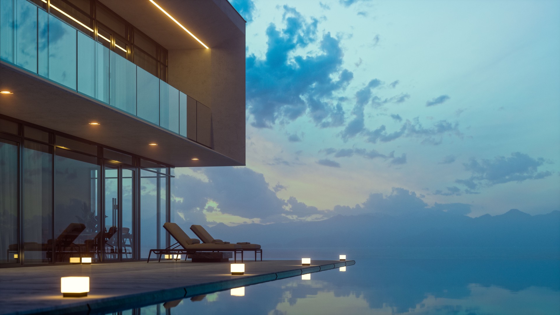 Modern Luxury House With Private Infinity Pool In Dusk